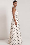 Halter Black White A Line Polka Dot Dress with Slit