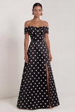 Off The Shoulder Black White Polka Dot A Line Long Evening Dress with Silt