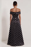 Off The Shoulder Black White Polka Dot A Line Long Evening Dress with Silt