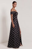 Off The Shoulder Black White Polka Dot A Line Long Evening Dress with Silt