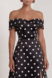 Off The Shoulder Black White Polka Dot A Line Long Evening Dress with Silt