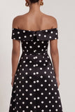 Off The Shoulder Black White Polka Dot A Line Long Evening Dress with Silt