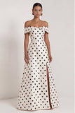 Off The Shoulder Black White Polka Dot A Line Long Evening Dress with Silt