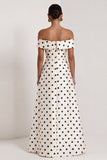 Off The Shoulder Black White Polka Dot A Line Long Evening Dress with Silt