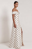 Off The Shoulder Black White Polka Dot A Line Long Evening Dress with Silt