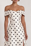 Off The Shoulder Black White Polka Dot A Line Long Evening Dress with Silt