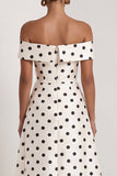 Off The Shoulder Black White Polka Dot A Line Long Evening Dress with Silt