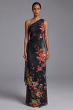 One Shoulder Black Floral Sheath Evening Dress