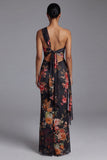 One Shoulder Black Floral Sheath Evening Dress