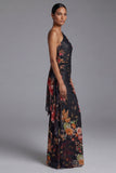 One Shoulder Black Floral Sheath Evening Dress