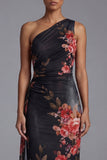 One Shoulder Black Floral Sheath Evening Dress