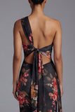 One Shoulder Black Floral Sheath Evening Dress