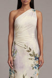One Shoulder Black Floral Sheath Evening Dress