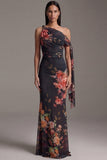 Floral Black One Shoulder Sheath Long Formal Dress With Sash