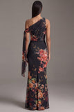 Floral Black One Shoulder Sheath Long Formal Dress With Sash