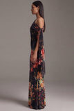 Floral Black One Shoulder Sheath Long Formal Dress With Sash
