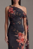 Floral Black One Shoulder Sheath Long Formal Dress With Sash