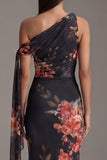 Floral Black One Shoulder Sheath Long Formal Dress With Sash