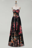 Black Floral A Line Spaghetti Straps Maxi Dress