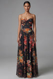 Black Floral A Line Spaghetti Straps Maxi Dress