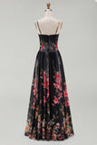Black Floral A Line Spaghetti Straps Maxi Dress