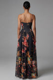 Black Floral A Line Spaghetti Straps Maxi Dress