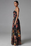 Black Floral A Line Spaghetti Straps Maxi Dress