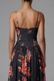 Black Floral A Line Spaghetti Straps Maxi Dress