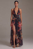 Halter Black Printed Floral A Line Long Evening Dress with slit