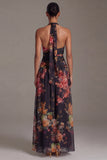 Halter Black Printed Floral A Line Long Evening Dress with slit