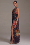 Halter Black Printed Floral A Line Long Evening Dress with slit