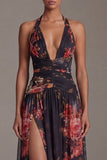 Halter Black Printed Floral A Line Long Evening Dress with slit