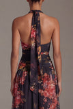Halter Black Printed Floral A Line Long Evening Dress with slit