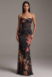 Sweetheart Black Printed Floral Mermaid Ruched Long Evening Dress