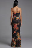 Sweetheart Black Printed Floral Mermaid Ruched Long Evening Dress
