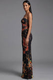 Sweetheart Black Printed Floral Mermaid Ruched Long Evening Dress