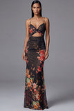 Black Floral Mermaid Spaghetti Straps Cut Out Long Evening Dress