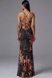 Black Floral Mermaid Spaghetti Straps Cut Out Long Evening Dress