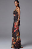 Black Floral Mermaid Spaghetti Straps Cut Out Long Evening Dress