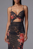 Black Floral Mermaid Spaghetti Straps Cut Out Long Evening Dress