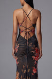 Black Floral Mermaid Spaghetti Straps Cut Out Long Evening Dress