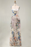 Ivory A Line Floral Ruched Spaghetti Straps Maxi Dress