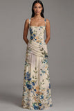 Ivory A Line Floral Ruched Spaghetti Straps Maxi Dress