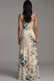 Ivory A Line Floral Ruched Spaghetti Straps Maxi Dress