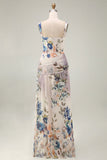 Ivory A Line Floral Ruched Spaghetti Straps Maxi Dress