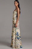 Ivory A Line Floral Ruched Spaghetti Straps Maxi Dress