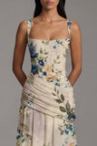 Ivory A Line Floral Ruched Spaghetti Straps Maxi Dress