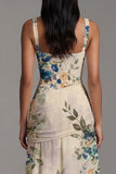 Ivory A Line Floral Ruched Spaghetti Straps Maxi Dress