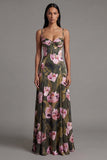 Olive A Line Spaghetti Straps Floral Long Evening Dress