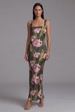 Olive Printed Floral Sheath Spaghetti Straps Long Evening Dress